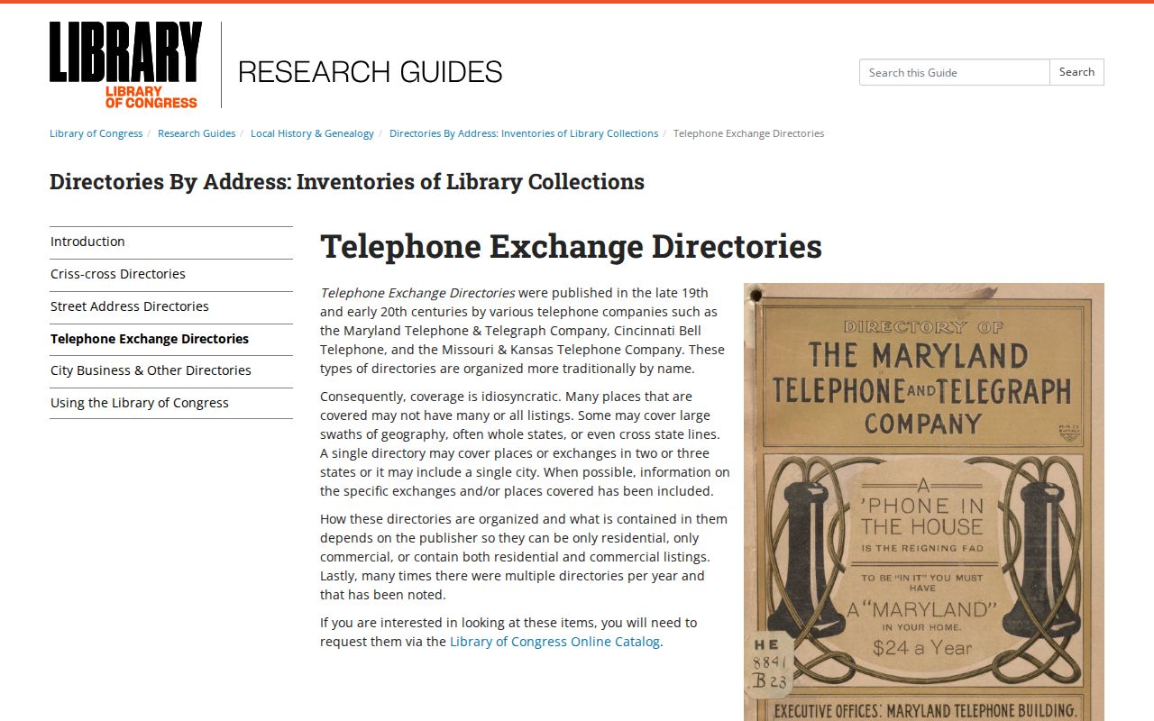 Gallatin city directory telephone inventory guide at the Library of Congress