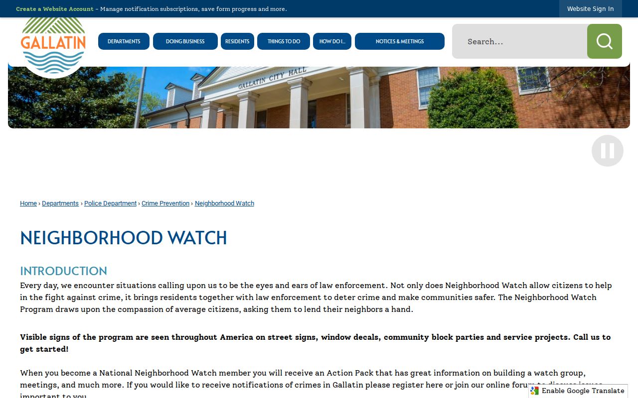 Gallatin neighbors view of the city Neighborhood Watch joining and notification page