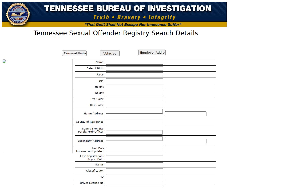 Gallatin resident lookup view of Tennessee TBI registry detail fields
