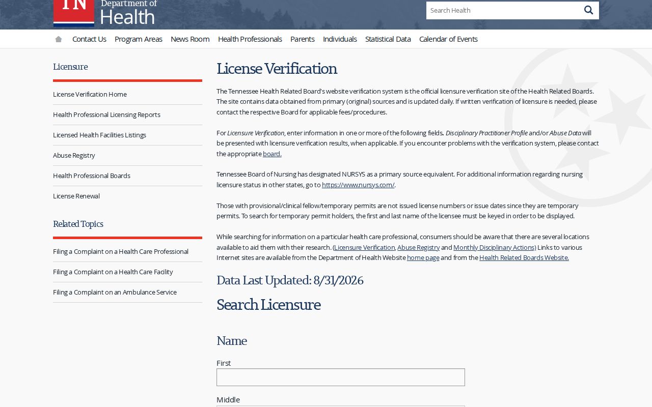 Gallatin resident lookup view of Tennessee health license search fields